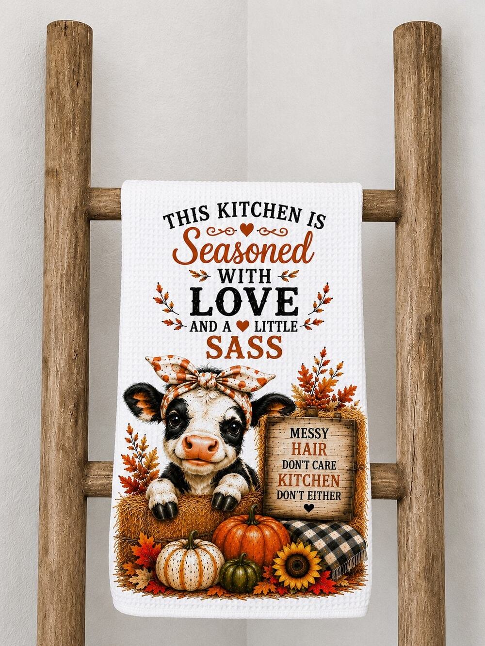 Fall Cow Kitchen Towel Seasoned With Love & Sass Farmhouse Autumn Decor